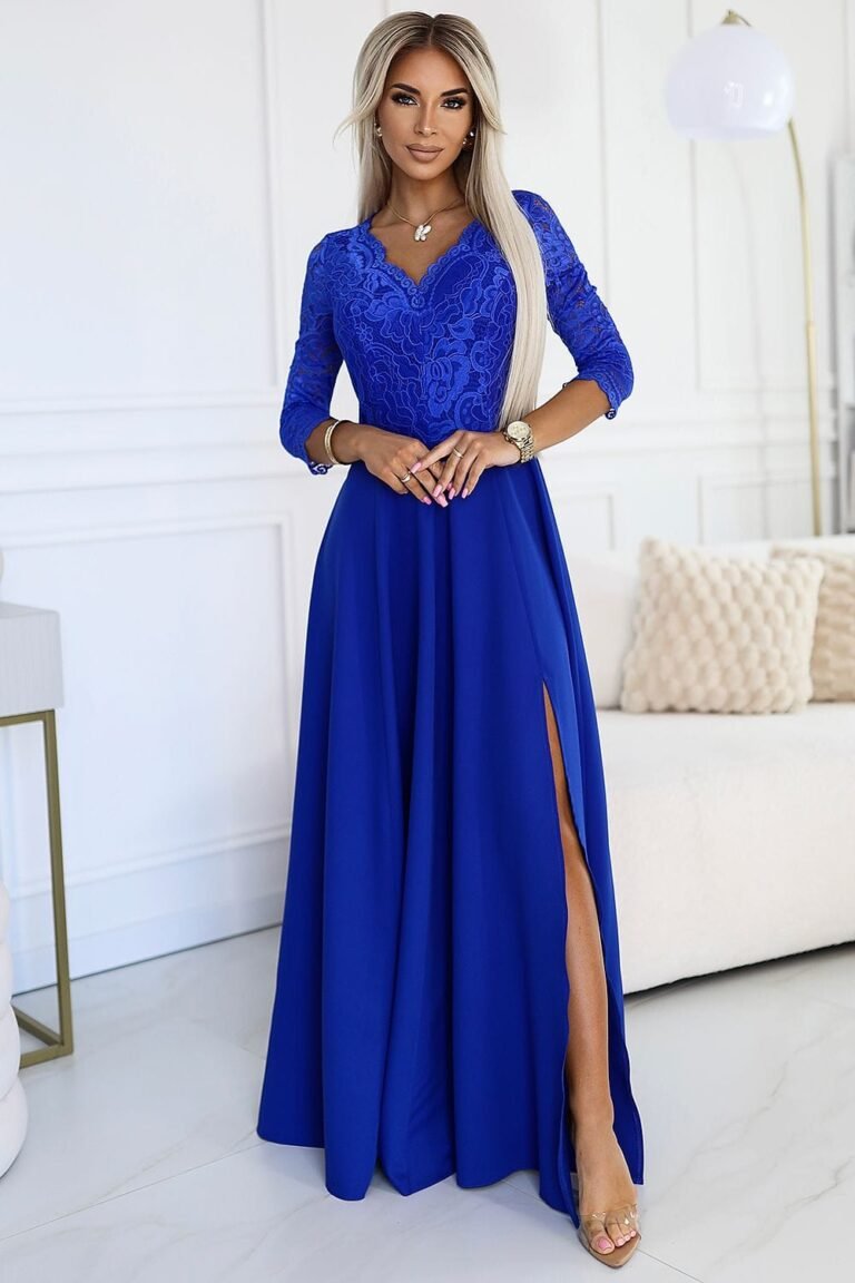Robe De Soiree Longue Fendue Haut En Dentelle Bleu Clair S