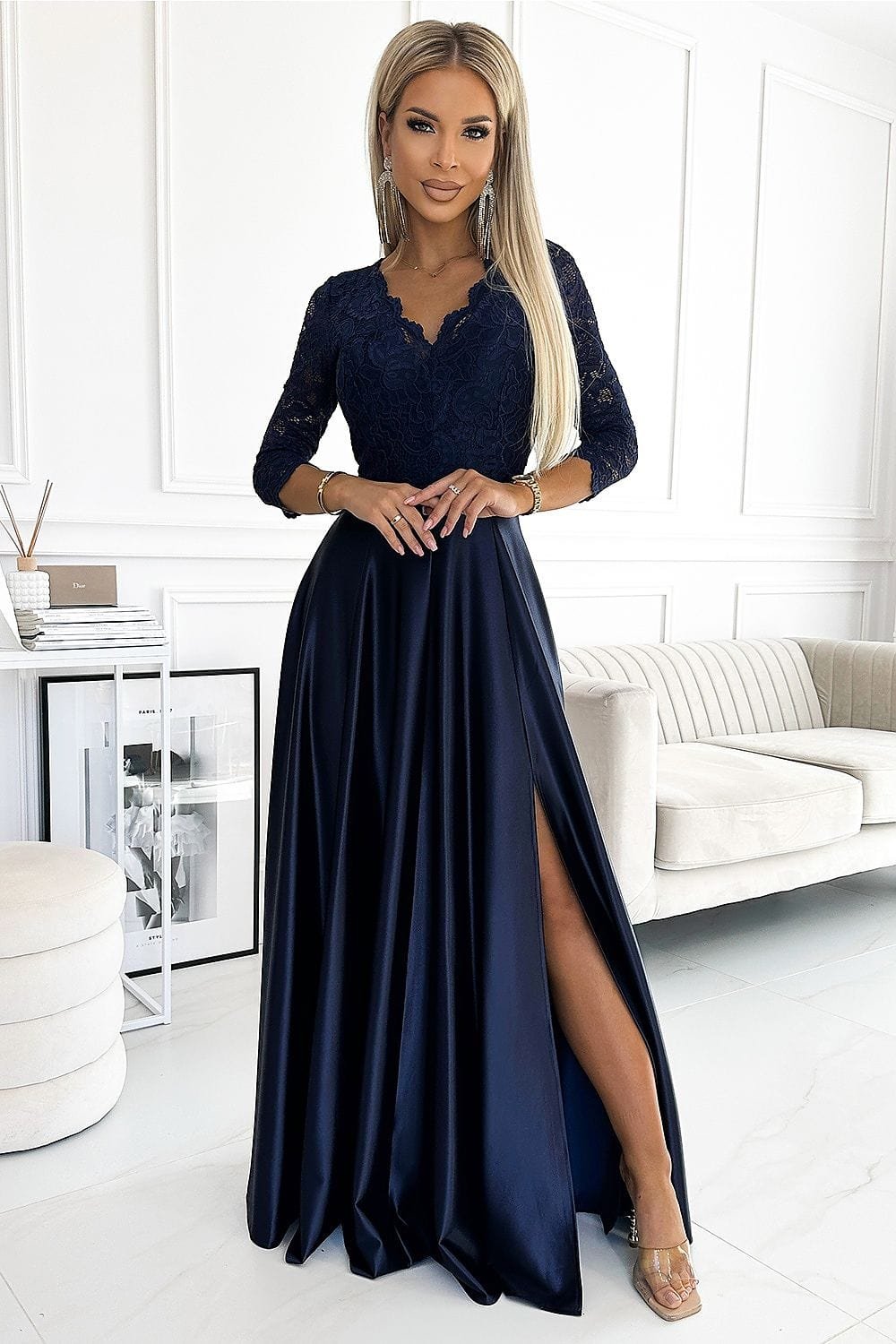Robe De Soiree Longue Fendue Haut En Dentelle Bleu Marine S