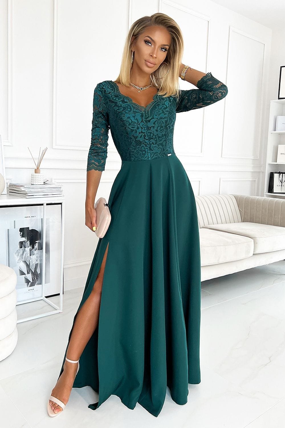 Robe De Soiree Longue Fendue Haut En Dentelle Vert S