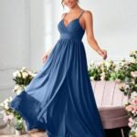 Robe De Soiree Longue Fluide Bretelles Bleu S