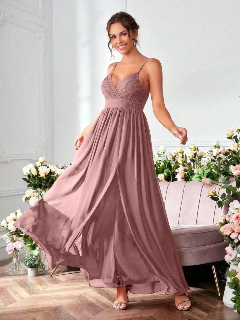 Robe De Soiree Longue Fluide Bretelles Mauve Rose S