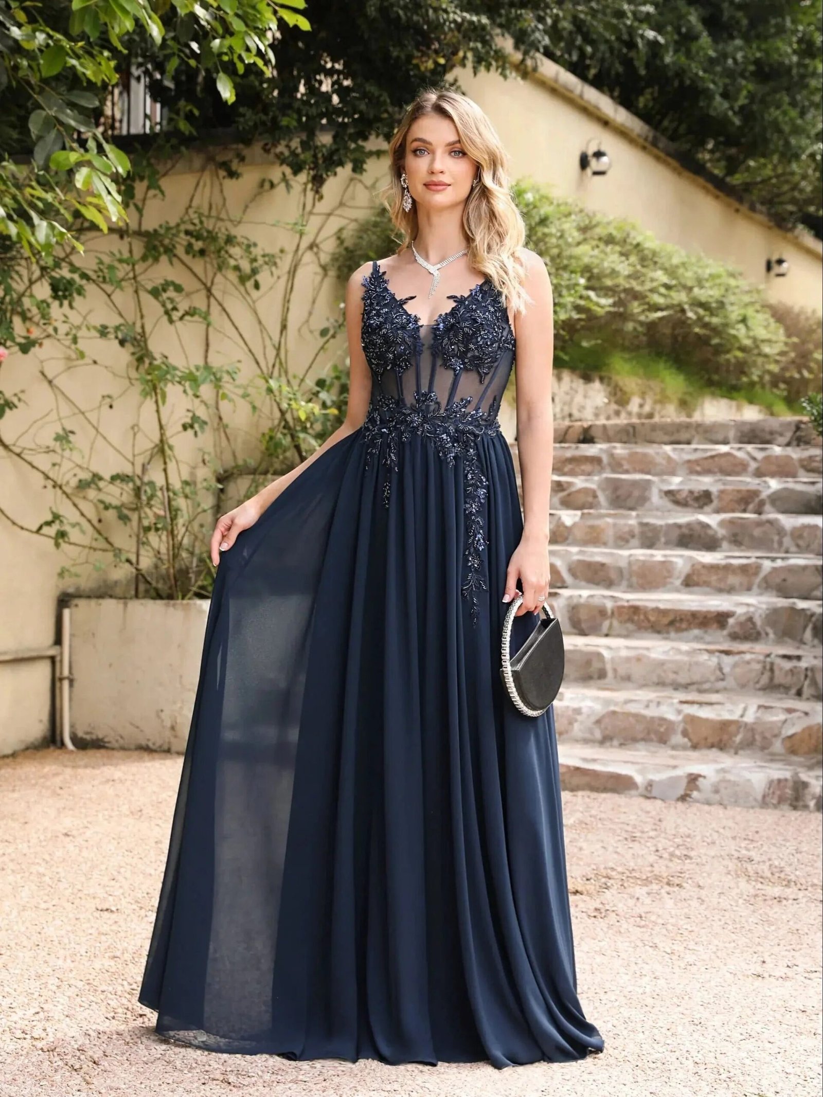 Robe De Soiree Longue Fluide Princesse Bleu Marine 32
