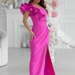 Robe De Soiree Longue Haut Asymetrique Avec Des Plumes Decoratives Violet 34