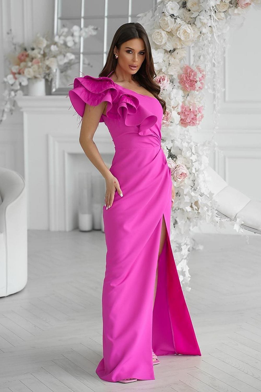 Robe De Soiree Longue Haut Asymetrique Avec Des Plumes Decoratives Violet 34