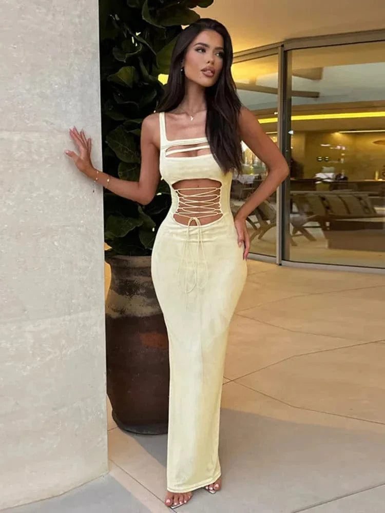 Robe De Soiree Longue Moulante Avec Lacage Beige M