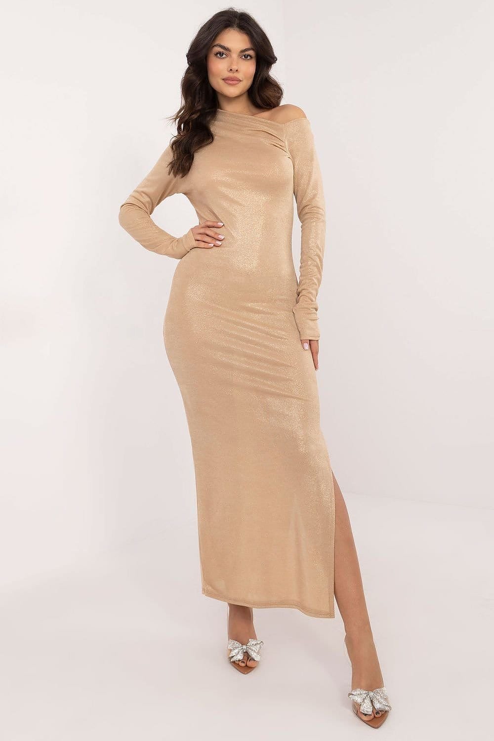 Robe De Soiree Longue Sequin Epaule Denudee Marron Taille Unique