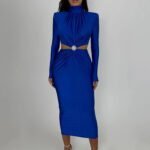 Robe De Soiree Manche Longue Col Roule Bleu S