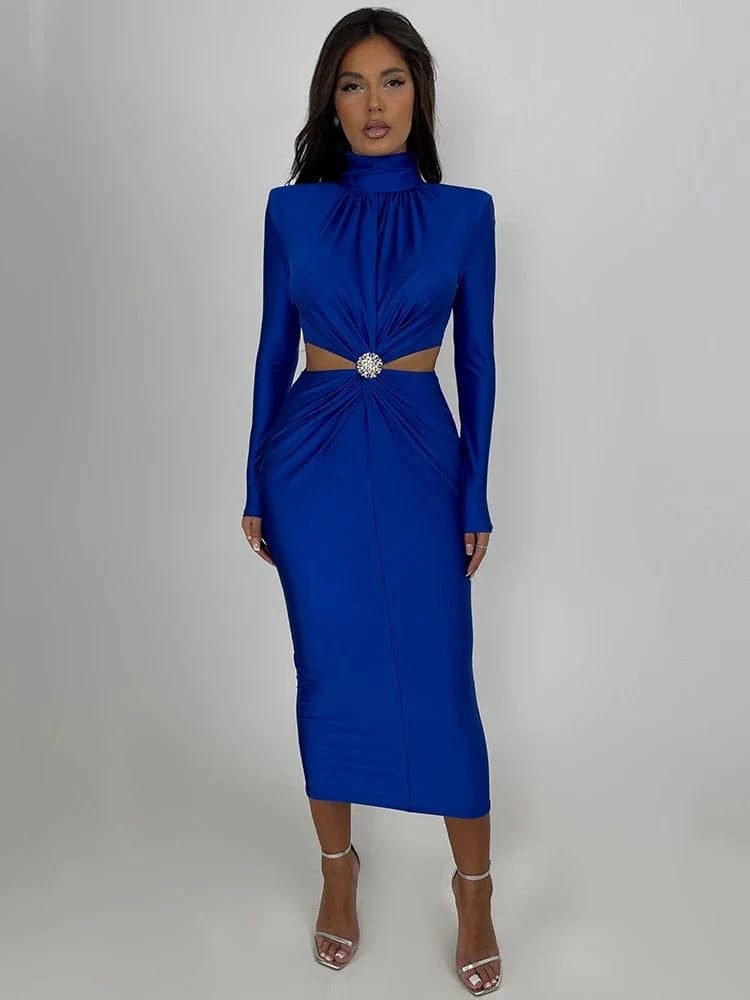 Robe De Soiree Manche Longue Col Roule Bleu S