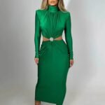 Robe De Soiree Manche Longue Col Roule Vert Emeraude S