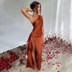 Robe De Soiree Mariage Fendue Asymetrique Satin Terracotta S
