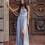 Robe De Soiree Mariage Longue Fendue Sans Manches Bleu Clair 34