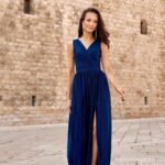Robe De Soiree Mariage Longue Fendue Sans Manches Bleu Marine 34