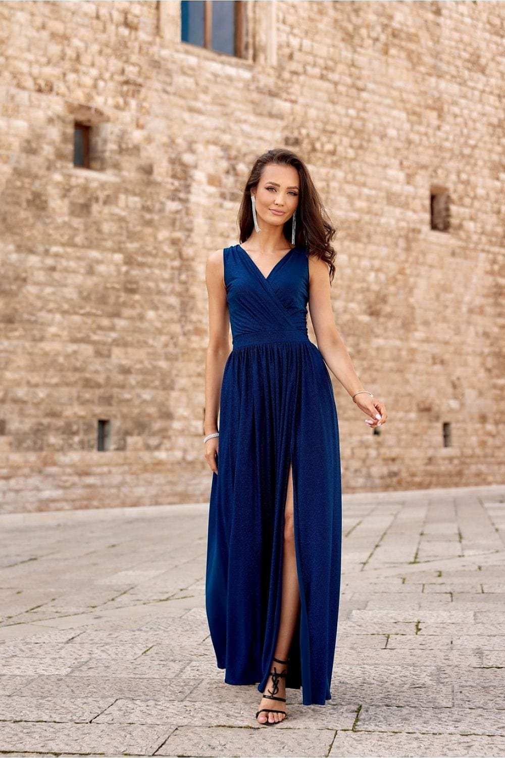 Robe De Soiree Mariage Longue Fendue Sans Manches Bleu Marine 34