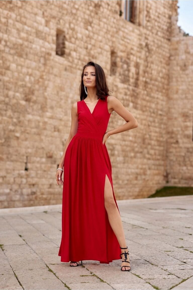 Robe De Soiree Mariage Longue Fendue Sans Manches Rouge 34