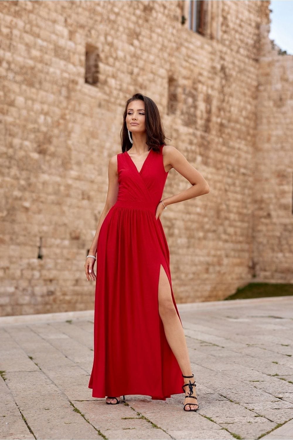 Robe De Soiree Mariage Longue Fendue Sans Manches Rouge 34