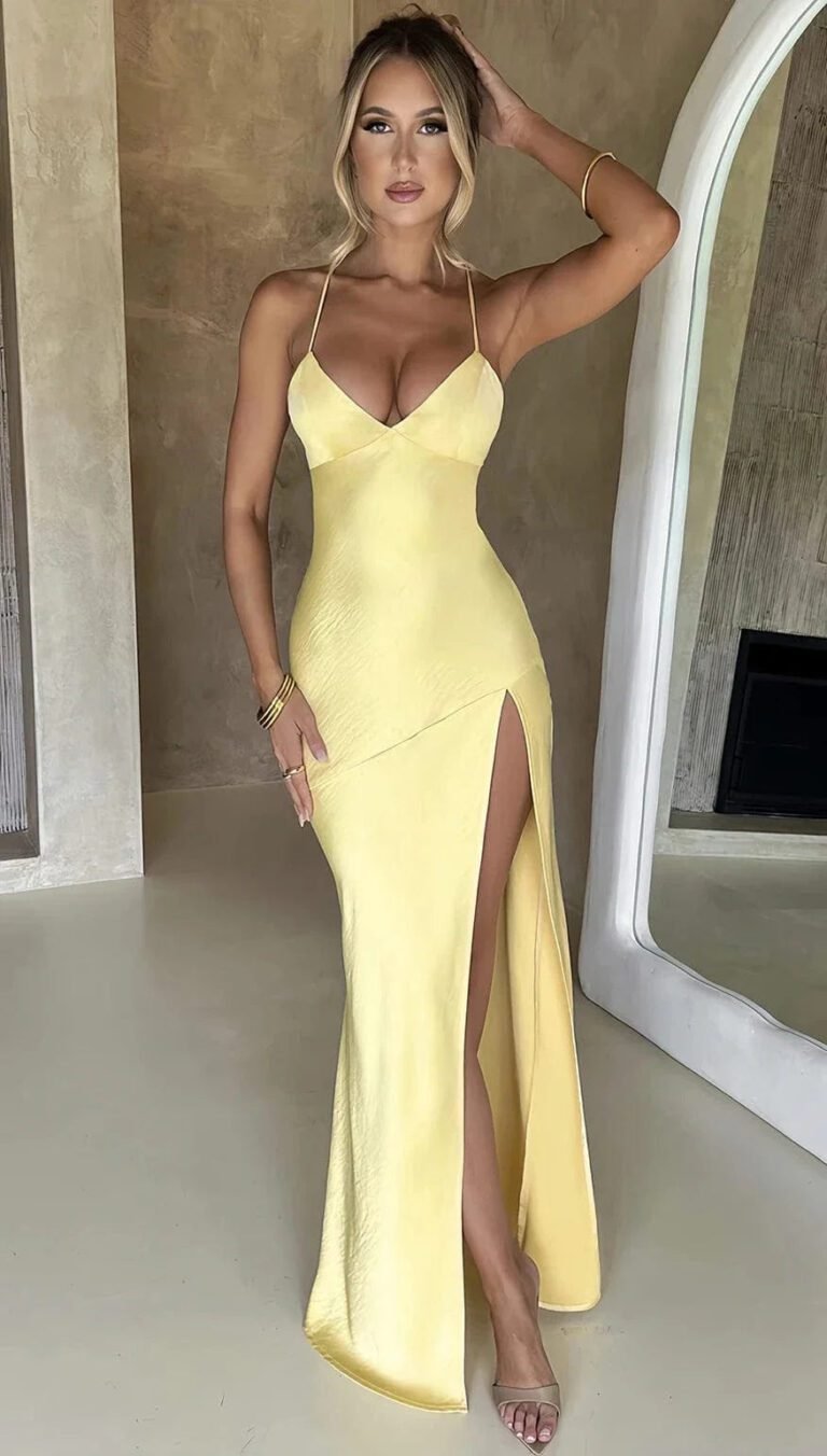 Robe De Soiree Mariage Sexy Dos Nu Satin Jaune S