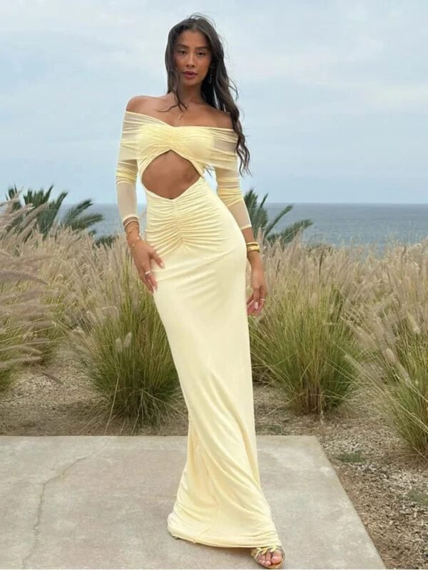 Robe De Soiree Maxi Epaules Denudees Jaune S