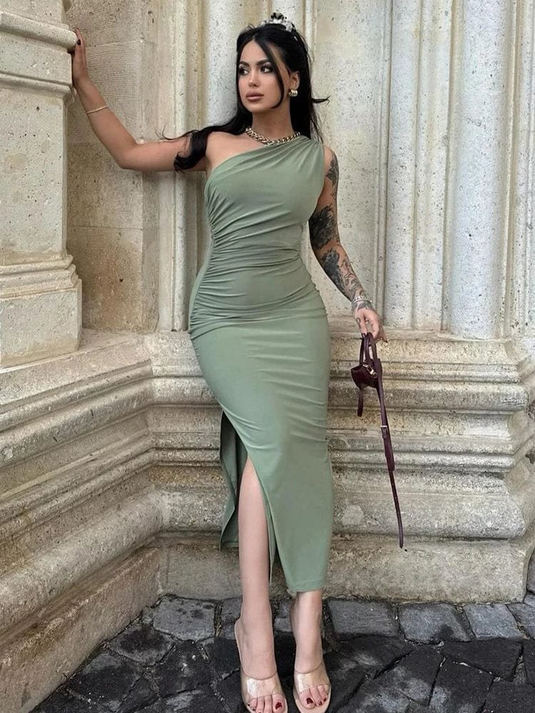 Robe De Soiree Midi Chic Moulante Vert Sauge S