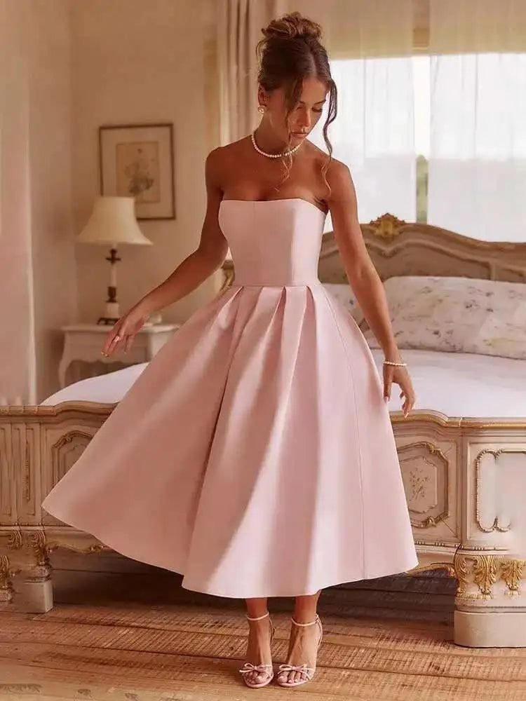 Robe De Soiree Midi Evasee Haut Bustier Rose S