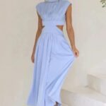 Robe De Soiree Midi Fluide Col Halter Bleu S