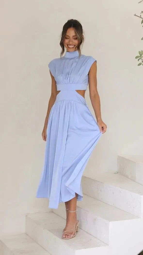 Robe De Soiree Midi Fluide Col Halter Bleu S