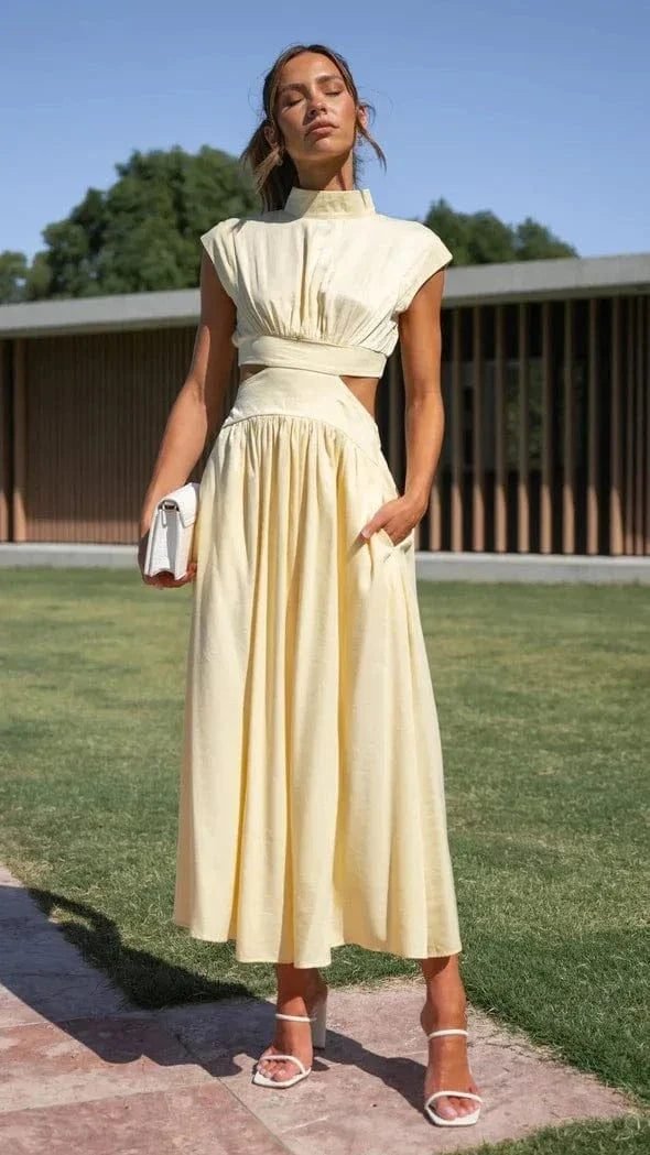 Robe De Soiree Midi Fluide Col Halter Jaune S