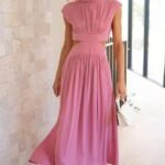 Robe De Soiree Midi Fluide Col Halter Rose S