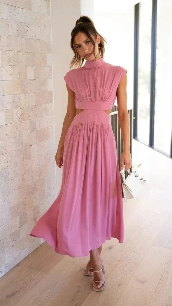 Robe De Soiree Midi Fluide Col Halter Rose S