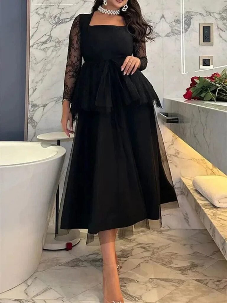 Robe De Soiree Noire Chic Midi Manches En Dentelle