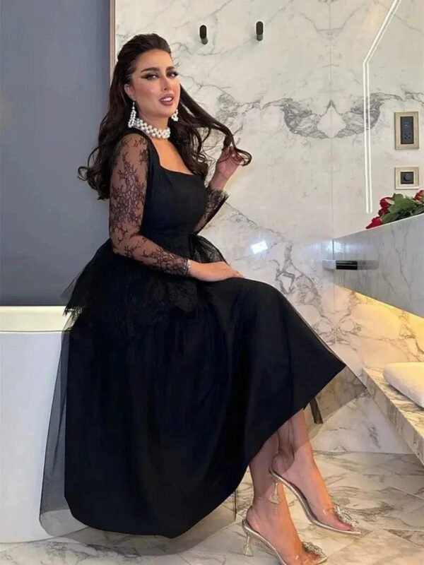 Robe De Soiree Noire Chic Midi Manches En Dentelle Noir S