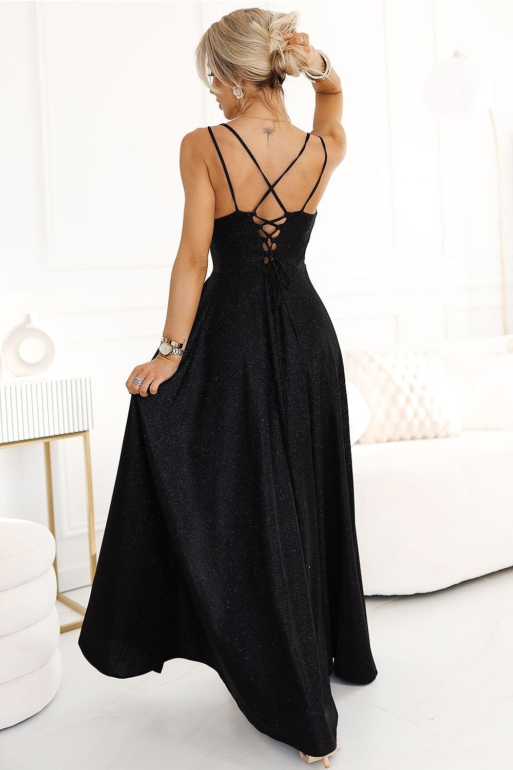Robe De Soiree Noire Scintillante Longue Fendue