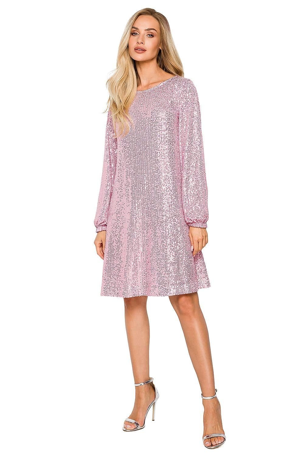 Robe De Soiree Paillettee Rose Manches Longues