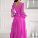 Robe De Soiree Rose Chic Fendue Manches Longues 2