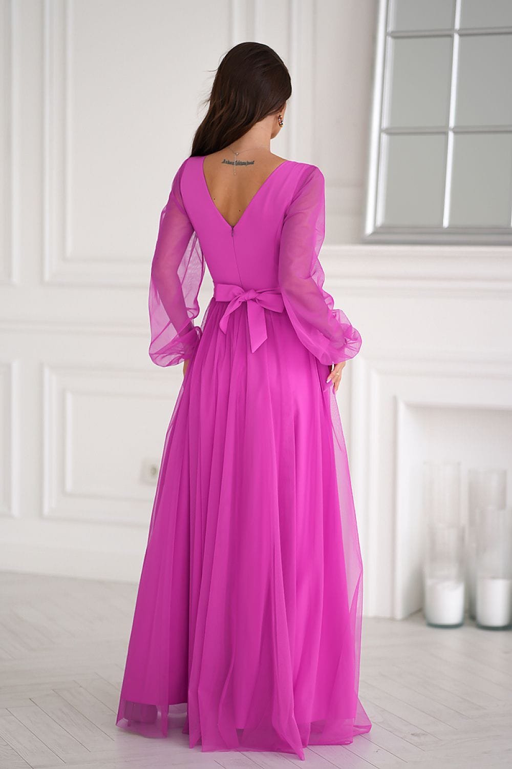 Robe De Soiree Rose Chic Fendue Manches Longues 2