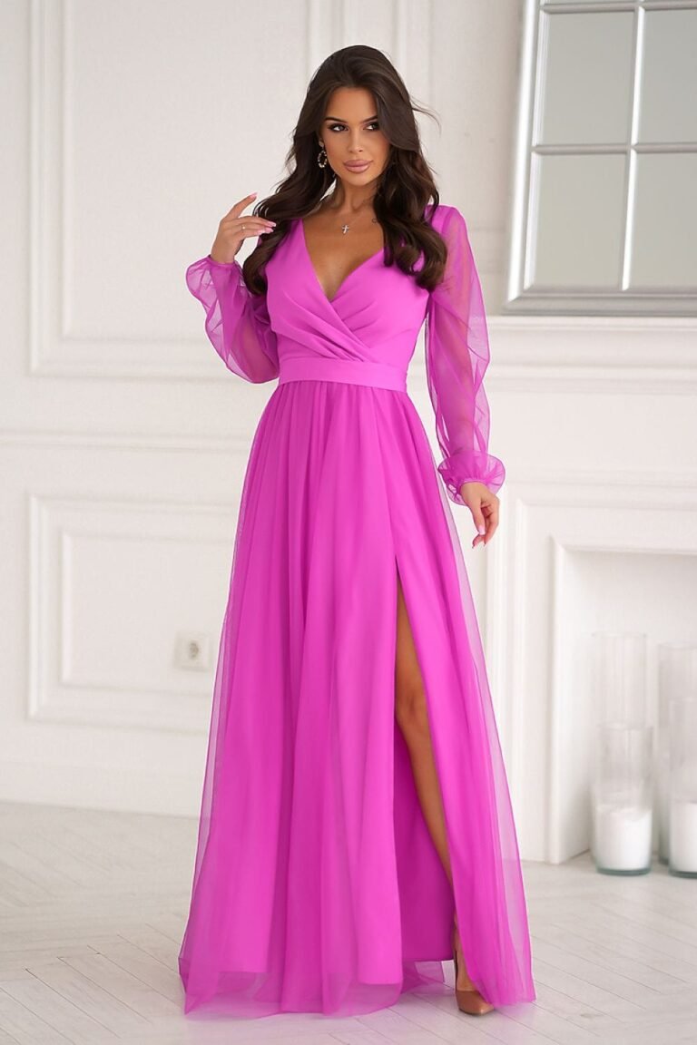 Robe De Soiree Rose Chic Fendue Manches Longues Rose 34