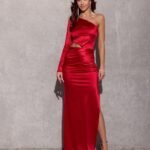 Robe De Soiree Satinee Chic Une Manche Longue Rouge 34