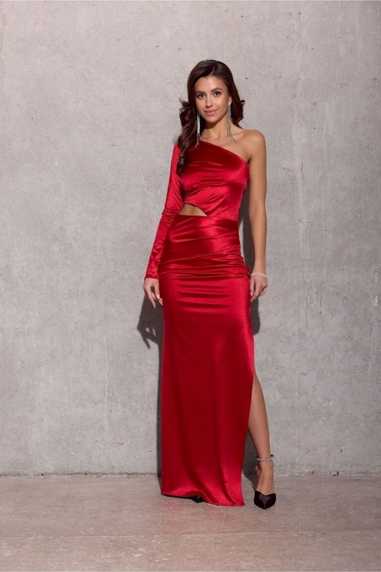 Robe De Soiree Satinee Chic Une Manche Longue Rouge 34