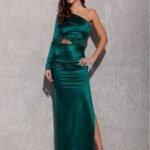 Robe De Soiree Satinee Chic Une Manche Longue Vert 34