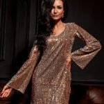 Robe De Soiree Sequin Courte Manches Longues Doree 36