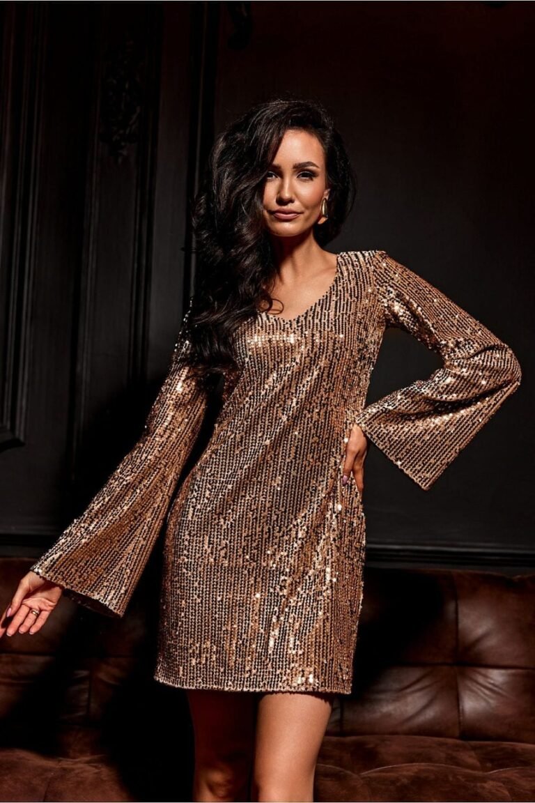Robe De Soiree Sequin Courte Manches Longues Doree 36