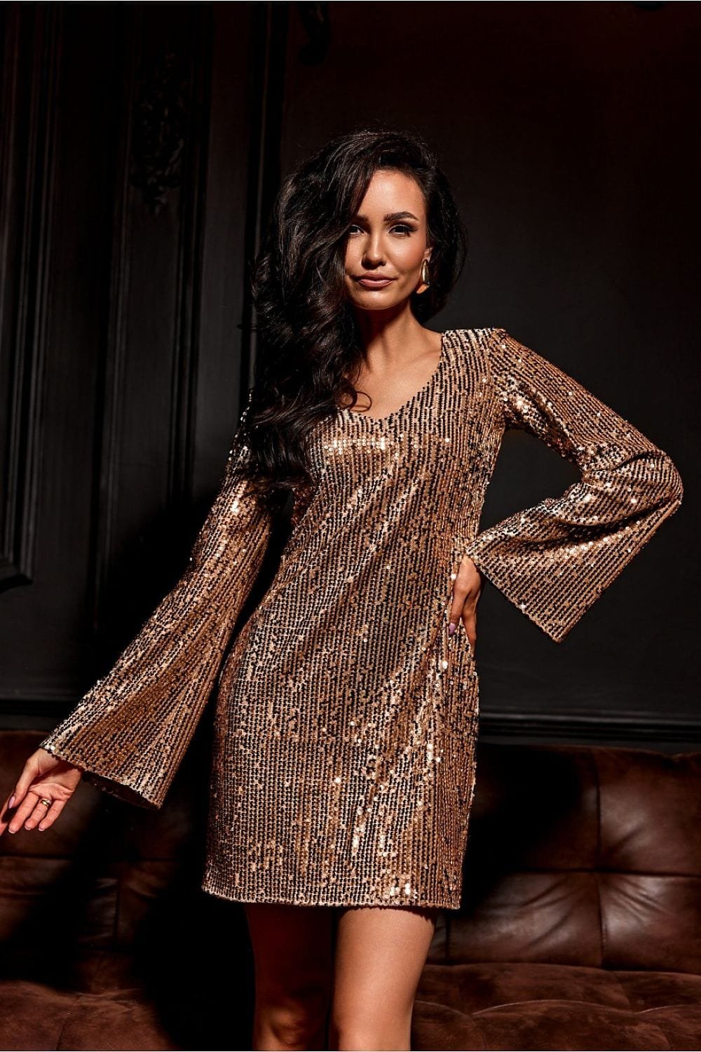 Robe De Soiree Sequin Courte Manches Longues Doree 36
