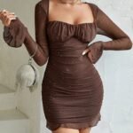 Robe De Soiree Sequin Decollete Carre Marron Xs