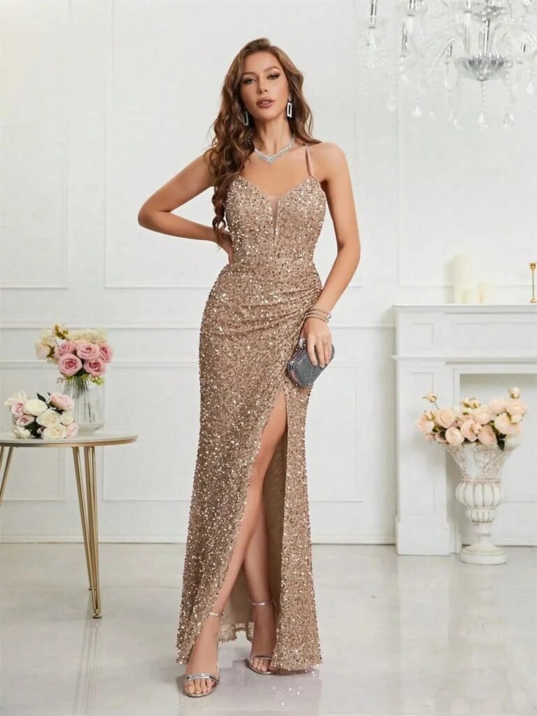 Robe De Soiree Sequin Moulante Sexy Champagne S