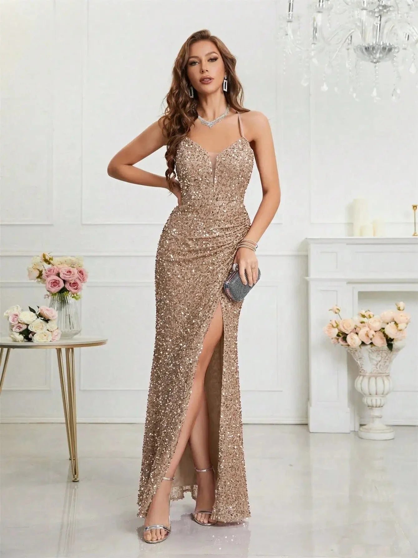 Robe De Soiree Sequin Moulante Sexy Champagne S