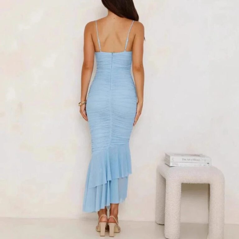 Robe De Soiree Sirene Bleue Drappee 3