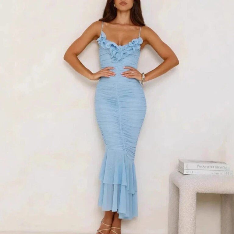 Robe De Soiree Sirene Bleue Drappee