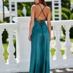 Robe De Soiree Verte Longue Satinee Dos Nu