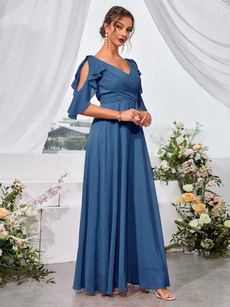 Robe Demoiselle Dhonneur Col En V Bleu S