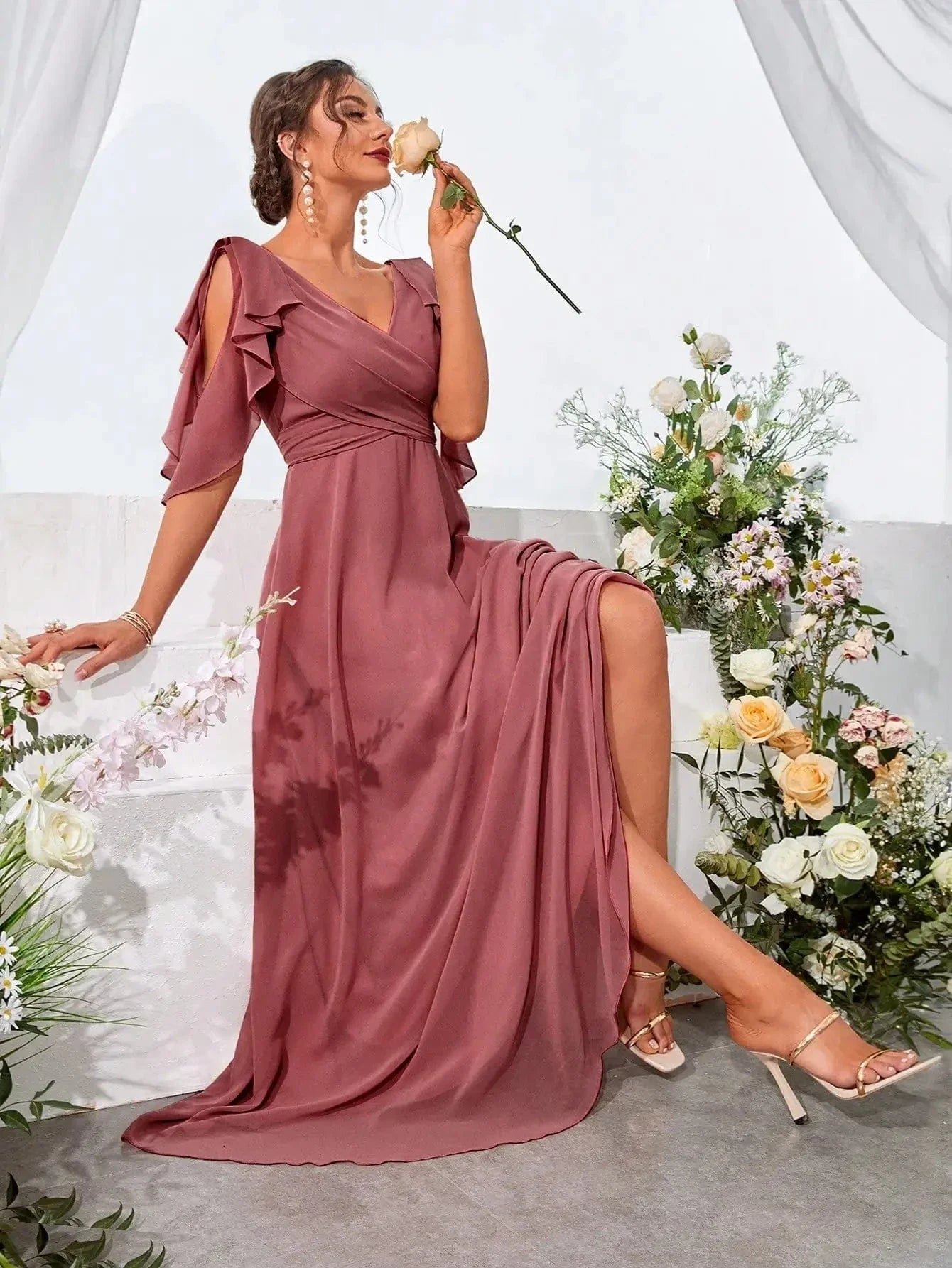 Robe Demoiselle Dhonneur Col En V Mauve Rose S