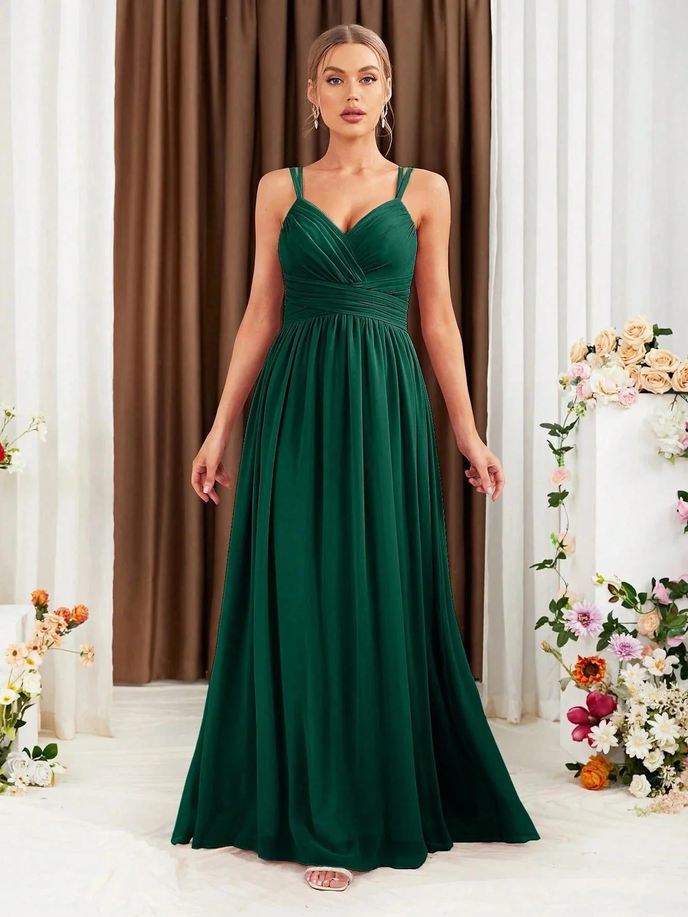 Robe Demoiselle Dhonneur Rose Poudre Dos Nu Vert Emeraude S